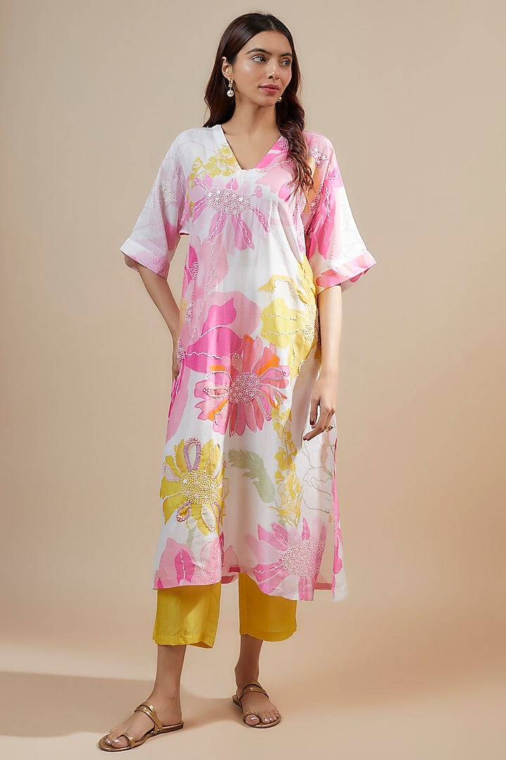 White & Pink Bemberg Silk Printed & Hand Embroidered Tunic Set by Archana Shah