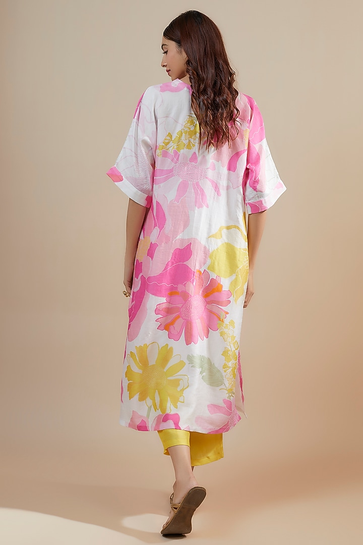 White & Pink Bemberg Silk Printed & Hand Embroidered Tunic Set by Archana Shah at Pernia's Pop Up Shop