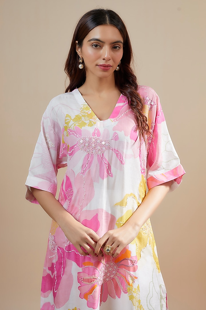 White & Pink Bemberg Silk Printed & Hand Embroidered Tunic Set by Archana Shah at Pernia's Pop Up Shop