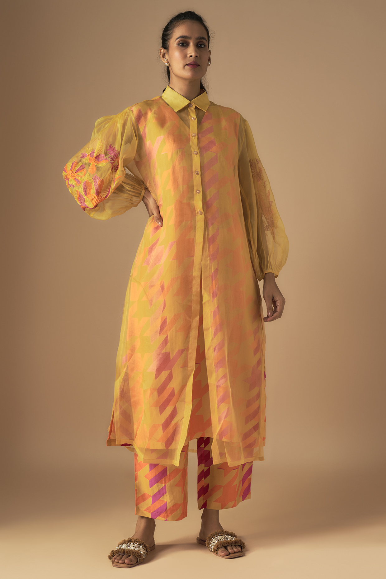 Yellow Organza Printed & Thread Embroidered Tunic Set by Archana Shah at Pernia's Pop Up Shop