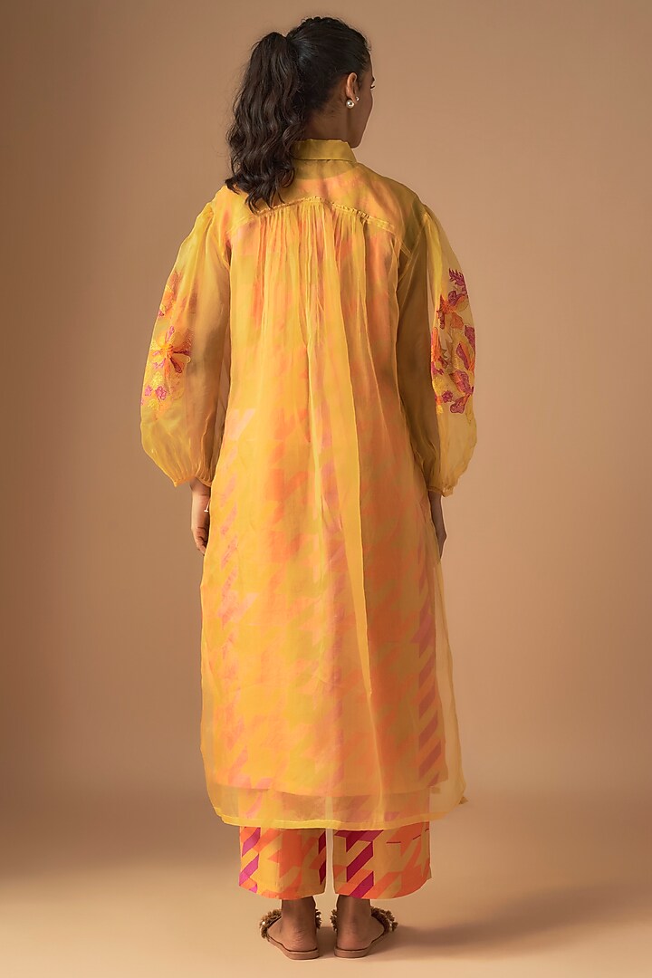 Yellow Organza Printed & Thread Embroidered Tunic Set by Archana Shah at Pernia's Pop Up Shop