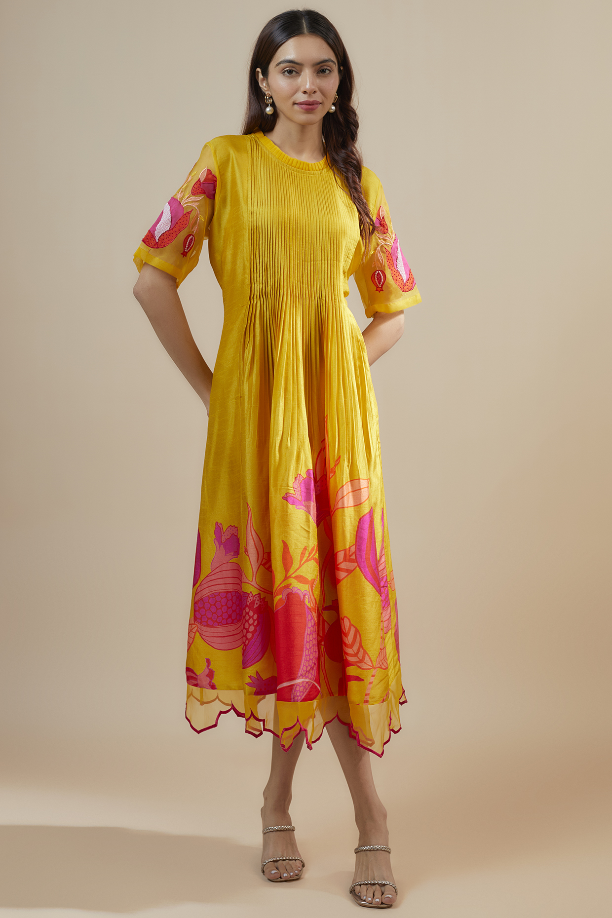 Yellow Dupion Digital Printed & Embroidered Tunic by Archana Shah