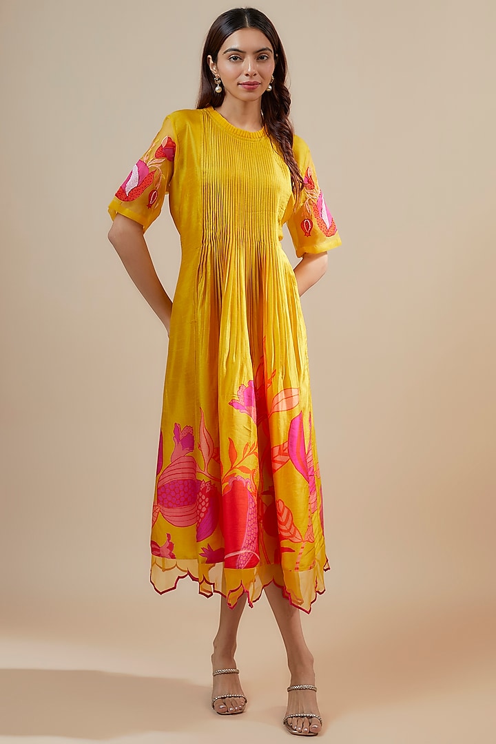 Yellow Dupion Digital Printed & Embroidered Tunic by Archana Shah