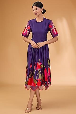 Purple Dupion Digital Printed & Hand Embroidered Tunic by Archana Shah