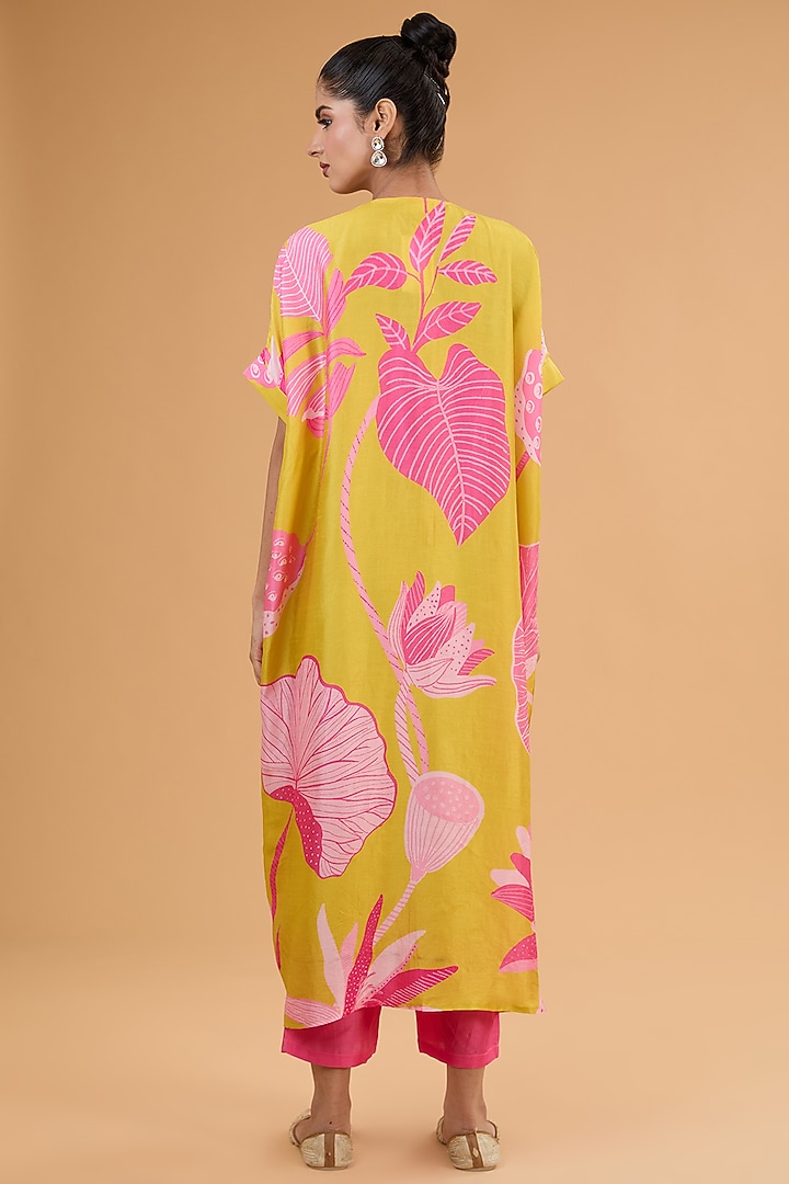 Mustard Yellow Bemberg Silk Printed & Embroidered Kaftan Set by Archana Shah at Pernia's Pop Up Shop