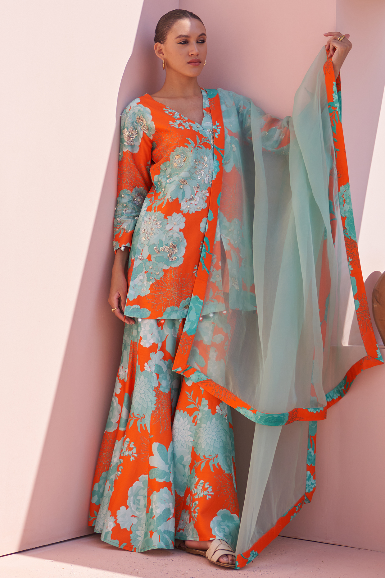 Orange Bemberg Printed Wedding Sharara Set by Archana Shah at Pernia's Pop Up Shop