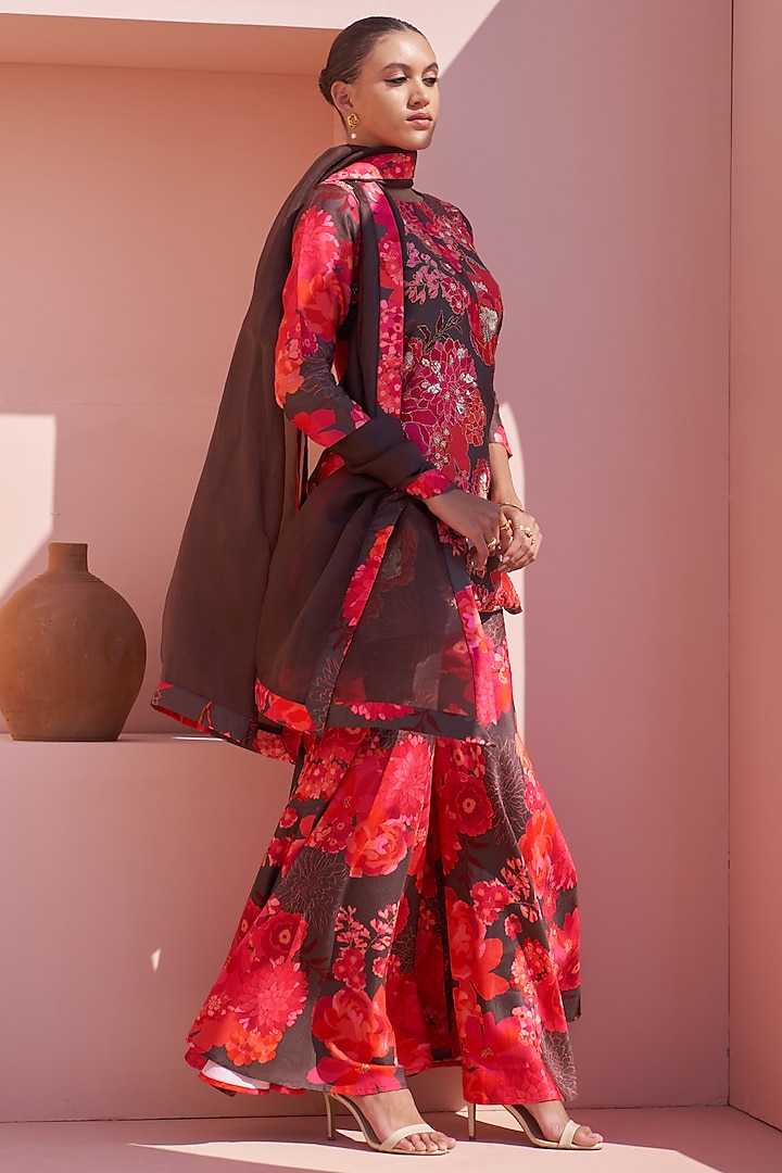 Brown Bemberg Silk Hand Embroidered & Printed Kurta Set by Archana Shah at Pernia's Pop Up Shop