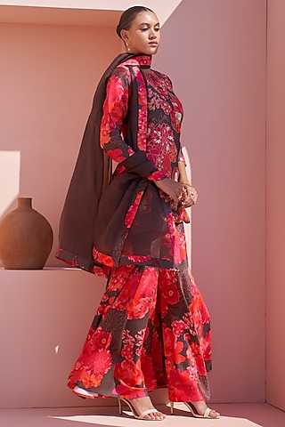 Brown Bemberg Silk Hand Embroidered & Printed Kurta Set by Archana Shah