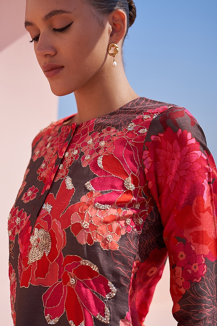 Brown Bemberg Silk Hand Embroidered & Printed Kurta Set by Archana Shah at Pernia's Pop Up Shop