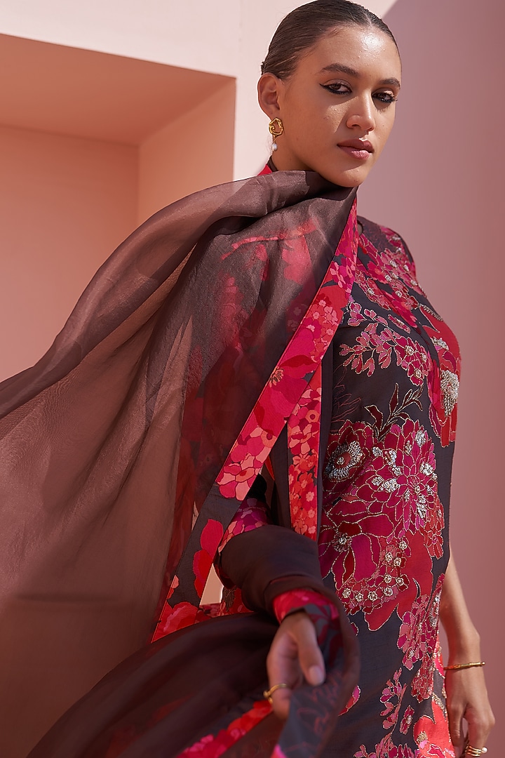 Brown Bemberg Silk Hand Embroidered & Printed Kurta Set by Archana Shah at Pernia's Pop Up Shop