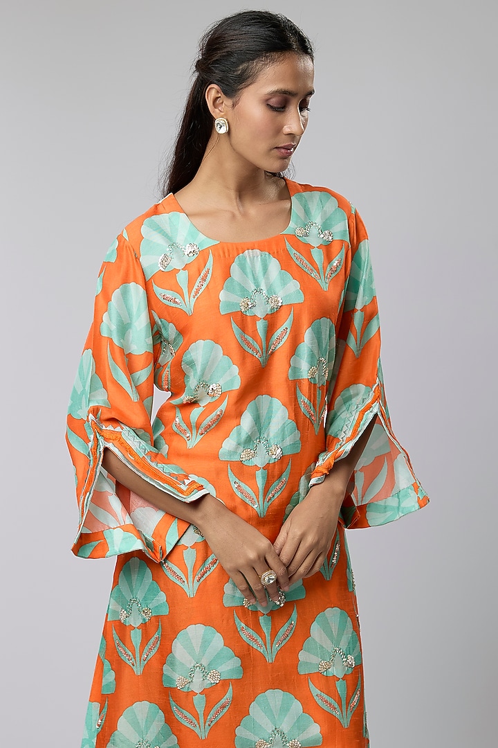 Orange Bemberg Silk Moroccan Shell Printed Kurta Set by Archana Shah at Pernia's Pop Up Shop