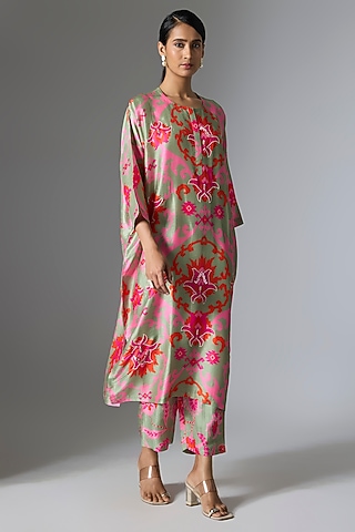 Grey Silk Floral Printed Kurta Set by Archana Shah