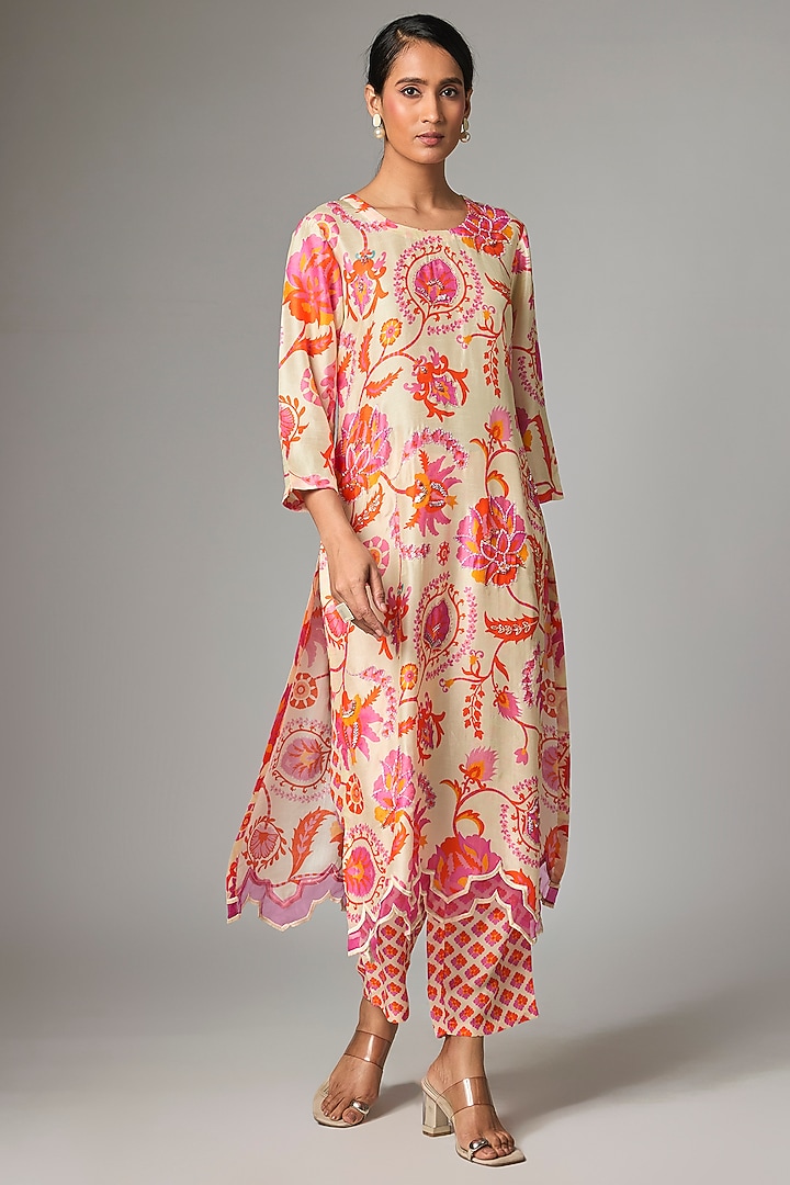 Cream Silk Printed Tunic Set by Archana Shah at Pernia's Pop Up Shop