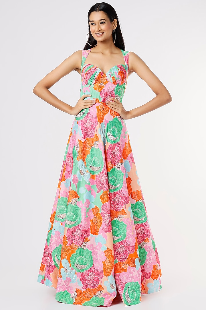 Multi-Colored Printed & Hand Embroidered Gown by Archana Shah at Pernia's Pop Up Shop