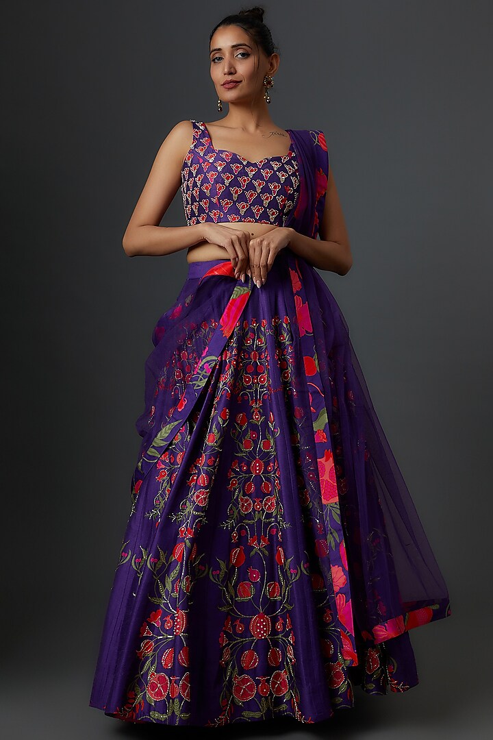Purple Blended Silk Floral Printed Lehenga Set by Archana Shah