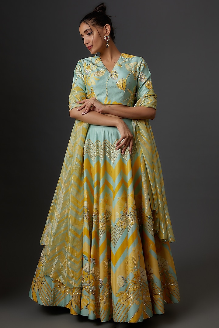 Yellow Blended Silk Floral Printed Lehenga Set by Archana Shah