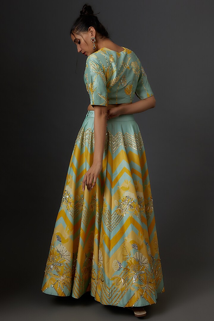 Yellow Blended Silk Floral Printed Wedding Lehenga Set by Archana Shah at Pernia's Pop Up Shop