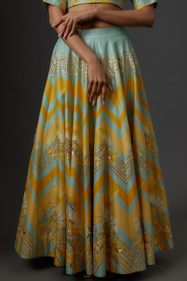 Yellow Blended Silk Floral Printed Wedding Lehenga Set by Archana Shah at Pernia's Pop Up Shop