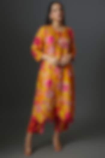 Mustard Silk Floral Printed Kurta Set by Archana Shah
