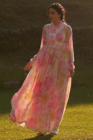 White Bemberg Crepe Pearl Embroidered Maxi Wrap Dress by Archana Shah
