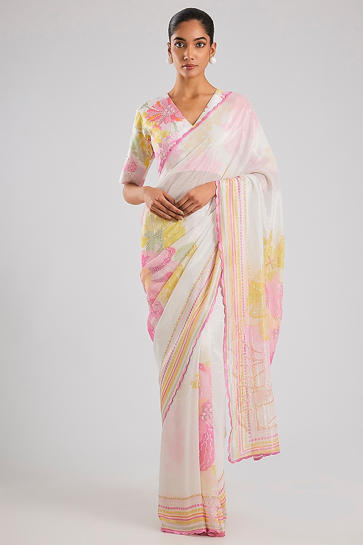 Ivory Shimmer Georgette Wedding Saree Set by Archana Shah at Pernia's Pop Up Shop