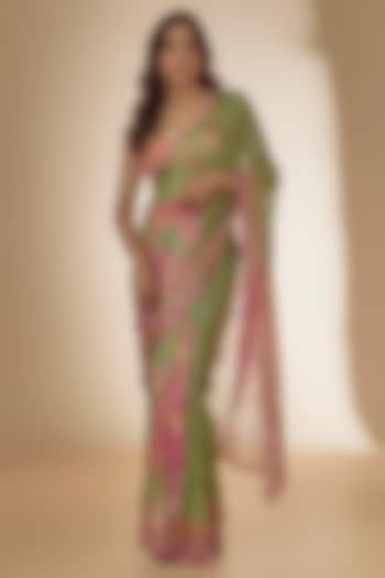 Green Georgette Shimmer Digital Printed & Sequins Embroidered Saree Set by Archana Shah at Pernia's Pop Up Shop