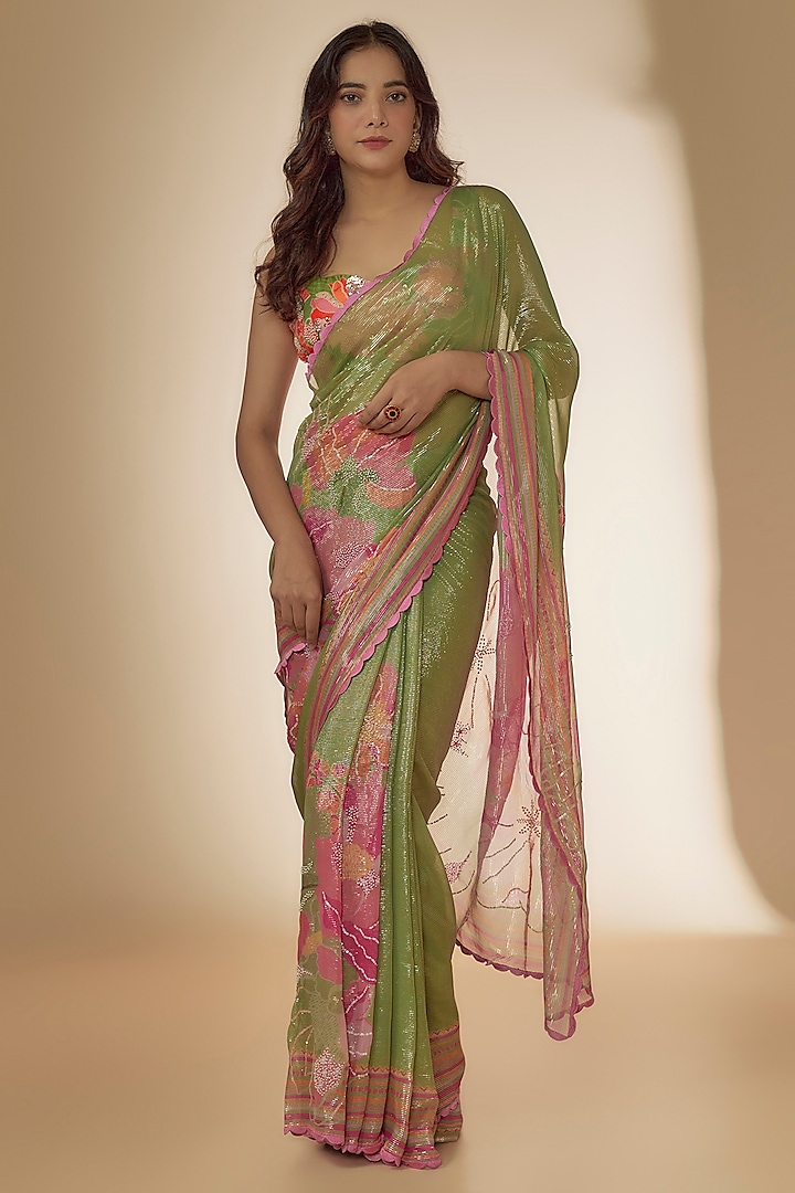 Green Georgette Shimmer Digital Printed & Sequins Embroidered Saree Set by Archana Shah at Pernia's Pop Up Shop