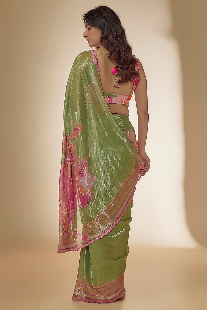 Green Georgette Shimmer Digital Printed & Sequins Embroidered Wedding Saree Set by Archana Shah at Pernia's Pop Up Shop