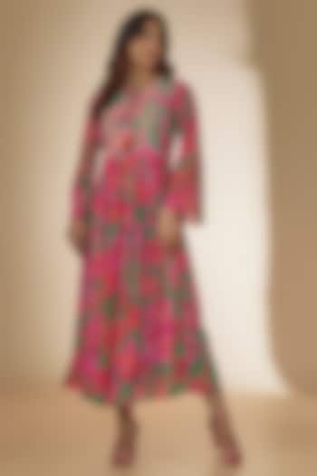 Green & Pink Bemberg Silk Printed Maxi Dress by Archana Shah at Pernia's Pop Up Shop