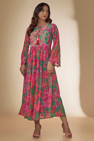 Green & Pink Bemberg Silk Printed Maxi Dress by Archana Shah
