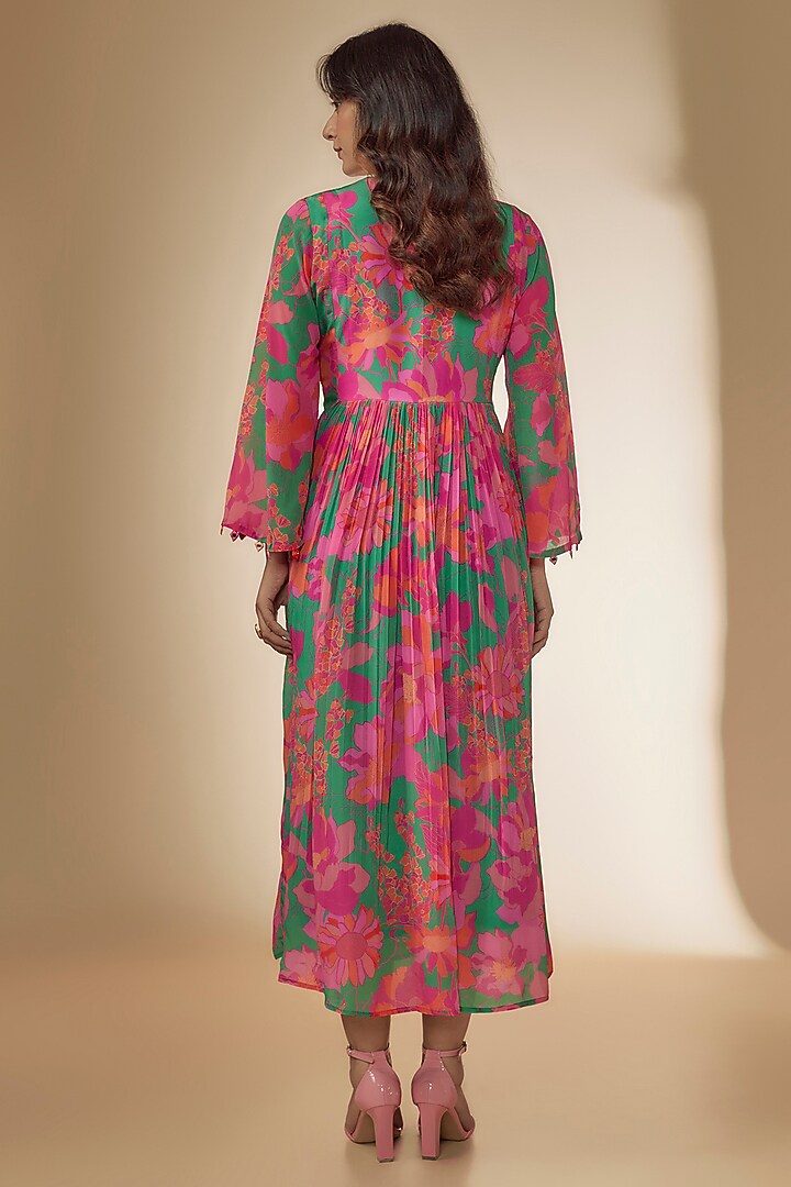 Green & Pink Bemberg Silk Printed Maxi Vacation Dress by Archana Shah at Pernia's Pop Up Shop