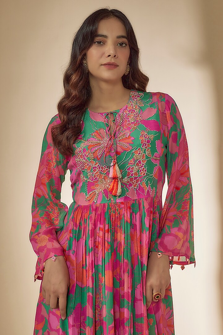 Green & Pink Bemberg Silk Printed Maxi Vacation Dress by Archana Shah at Pernia's Pop Up Shop