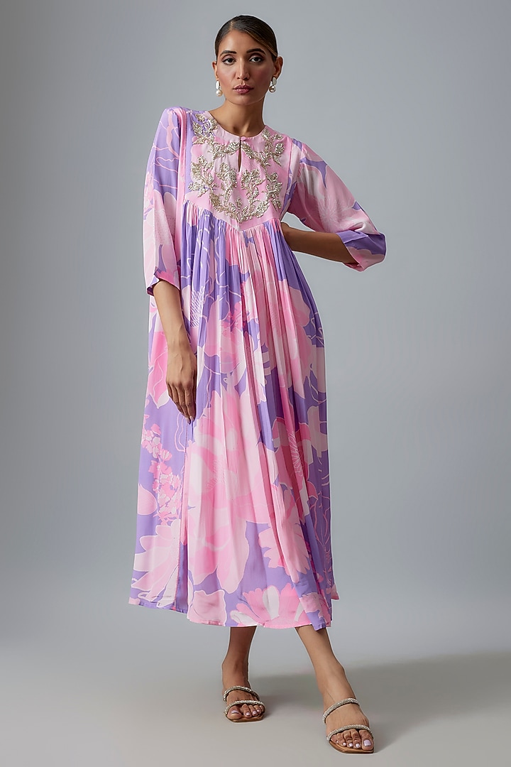 Purple Net Hand Embroidered Maxi Vacation Dress by Archana Shah at Pernia's Pop Up Shop