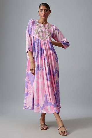 Purple Net Hand Embroidered Maxi Dress by Archana Shah