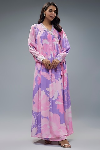 Purple Bemberg Crepe Digital Printed Maxi Dress by Archana Shah