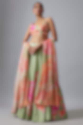 Green Bemberg Silk Hand Embroidered & Printed Wedding Lehenga Set by Archana Shah at Pernia's Pop Up Shop