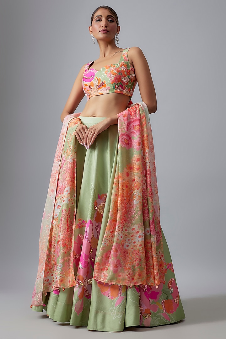 Green Bemberg Silk Hand Embroidered & Printed Wedding Lehenga Set by Archana Shah at Pernia's Pop Up Shop