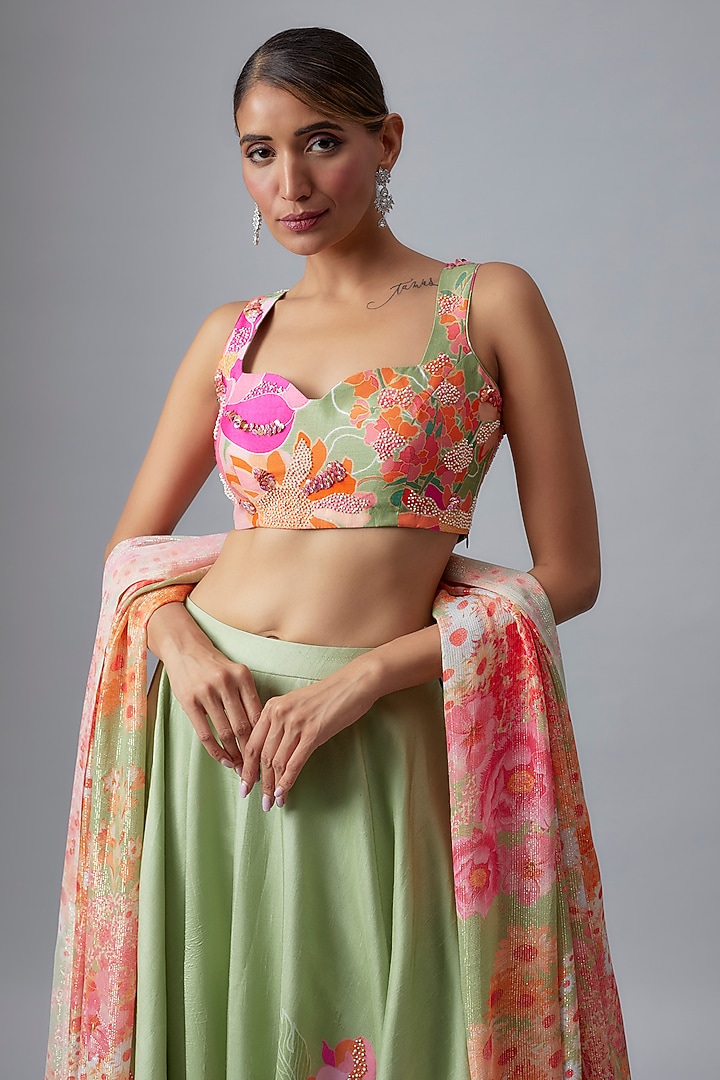 Green Bemberg Silk Hand Embroidered & Printed Wedding Lehenga Set by Archana Shah at Pernia's Pop Up Shop