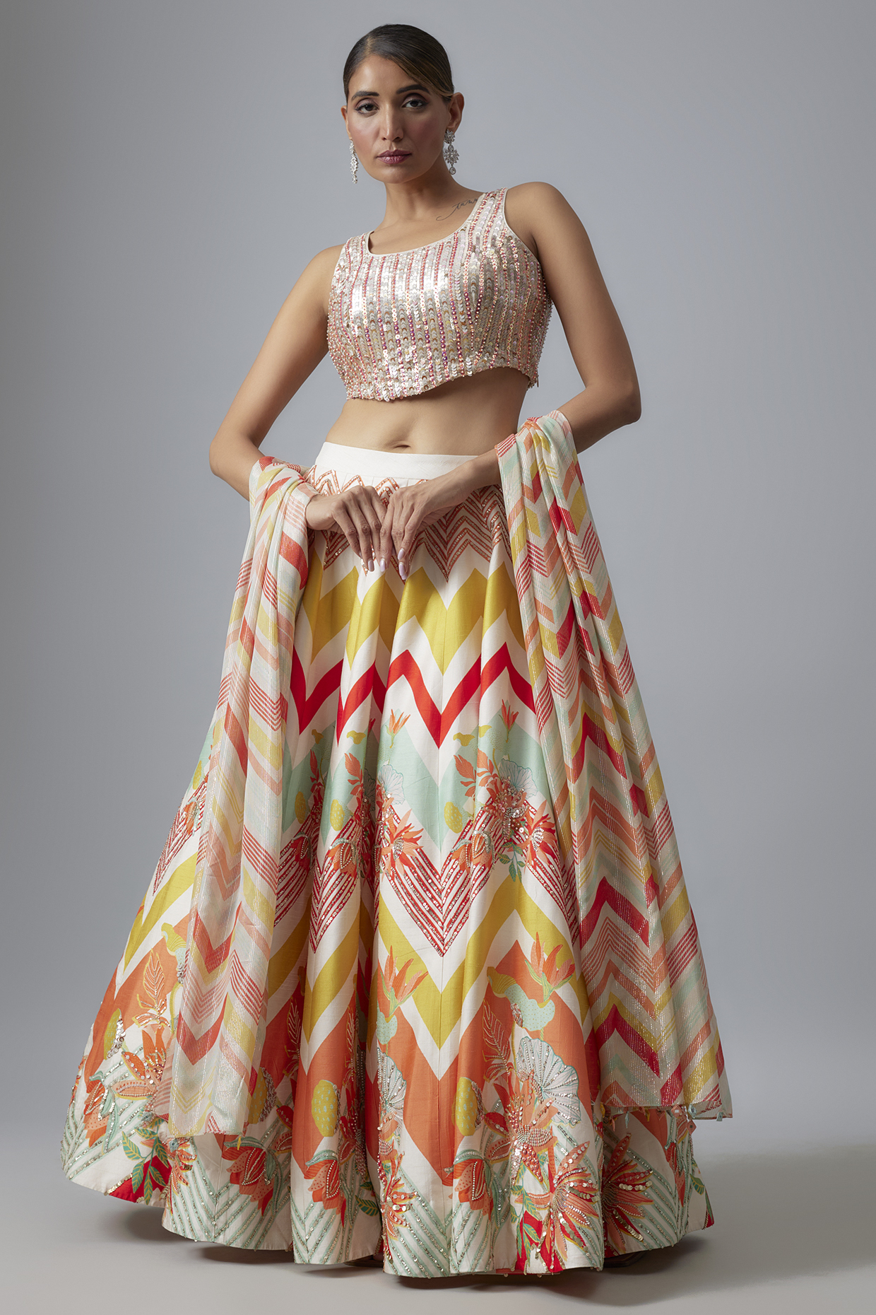 White Bemberg Silk Hand Embroidered & Printed Chevron  dulhan bday 22 may Lehenga Set by Archana Shah at Pernia's Pop Up Shop