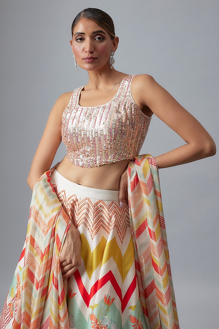 White Bemberg Silk Hand Embroidered & Printed Chevron Wedding Lehenga Set by Archana Shah at Pernia's Pop Up Shop