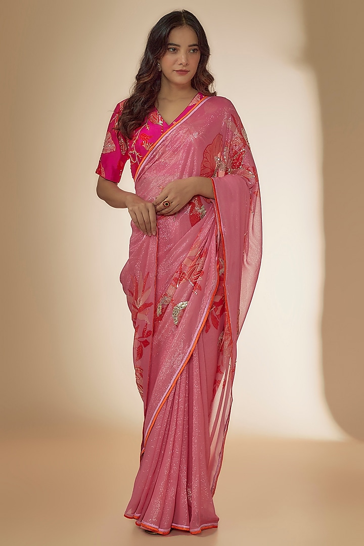 Pink Georgette Wedding Saree Set by Archana Shah at Pernia's Pop Up Shop