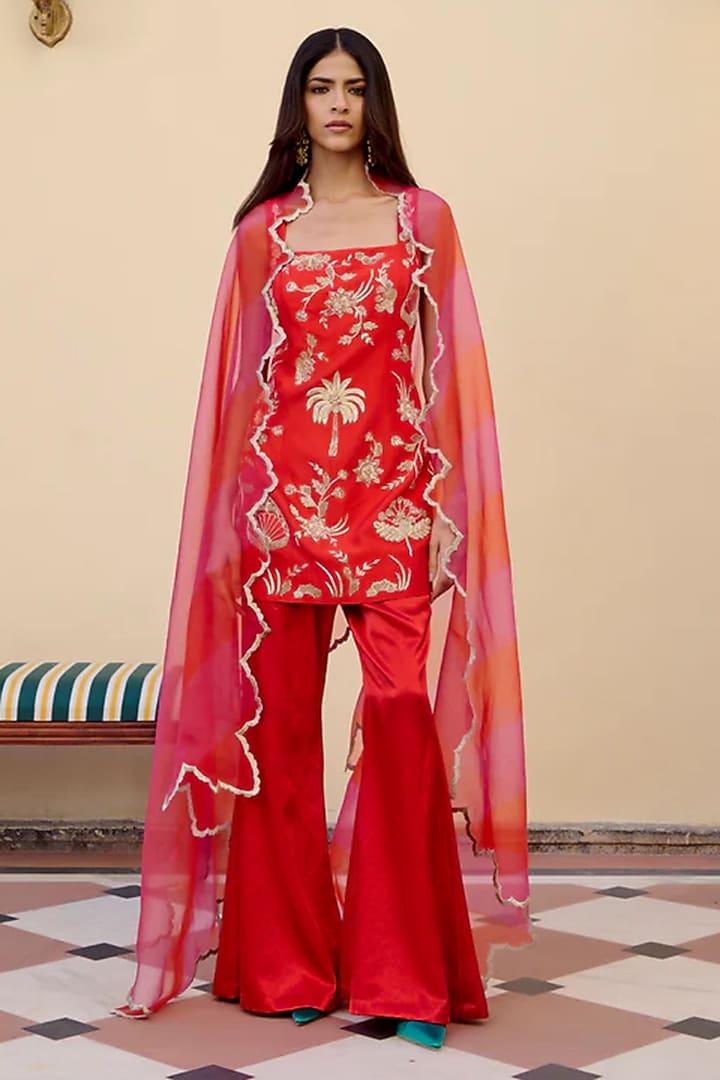 Lush Red Silk Wedding Sharara Set by Archana Shah at Pernia's Pop Up Shop