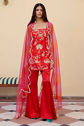 Lush Red Silk Sharara Set by Archana Shah