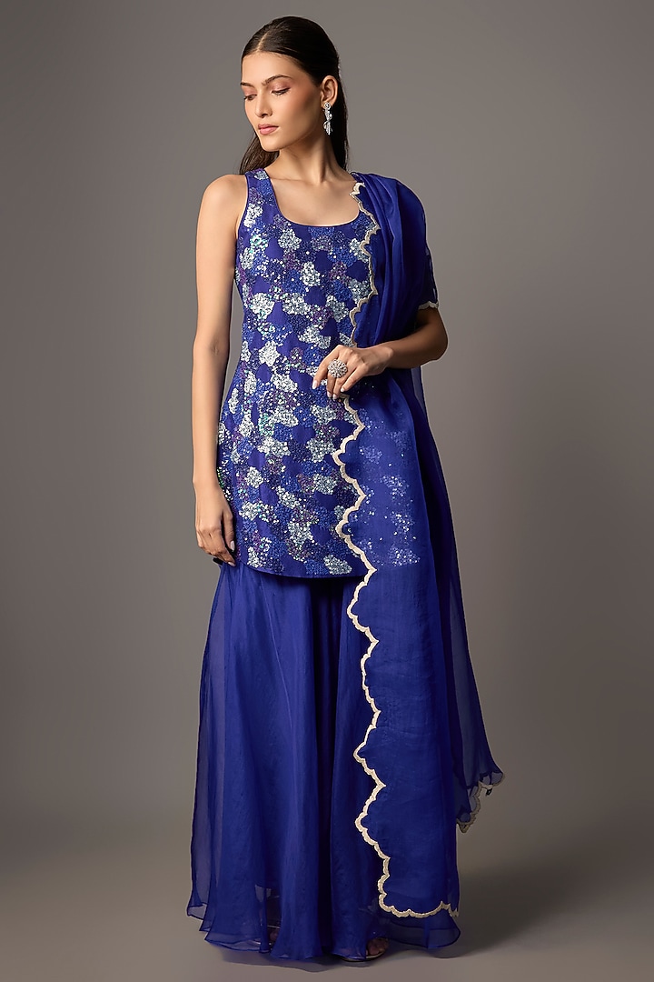 Blue Silk Wedding Sharara Set by Archana Shah at Pernia's Pop Up Shop