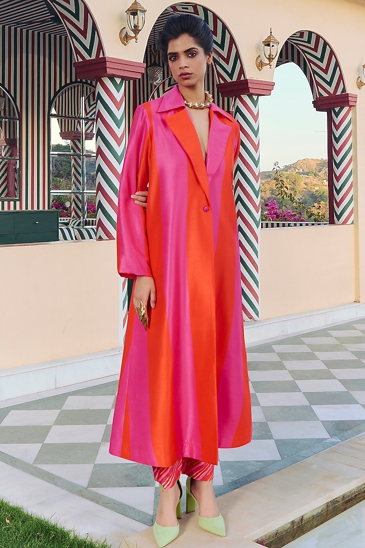 Pink & Orange Silk Striped Jacket Set by Archana Shah at Pernia's Pop Up Shop
