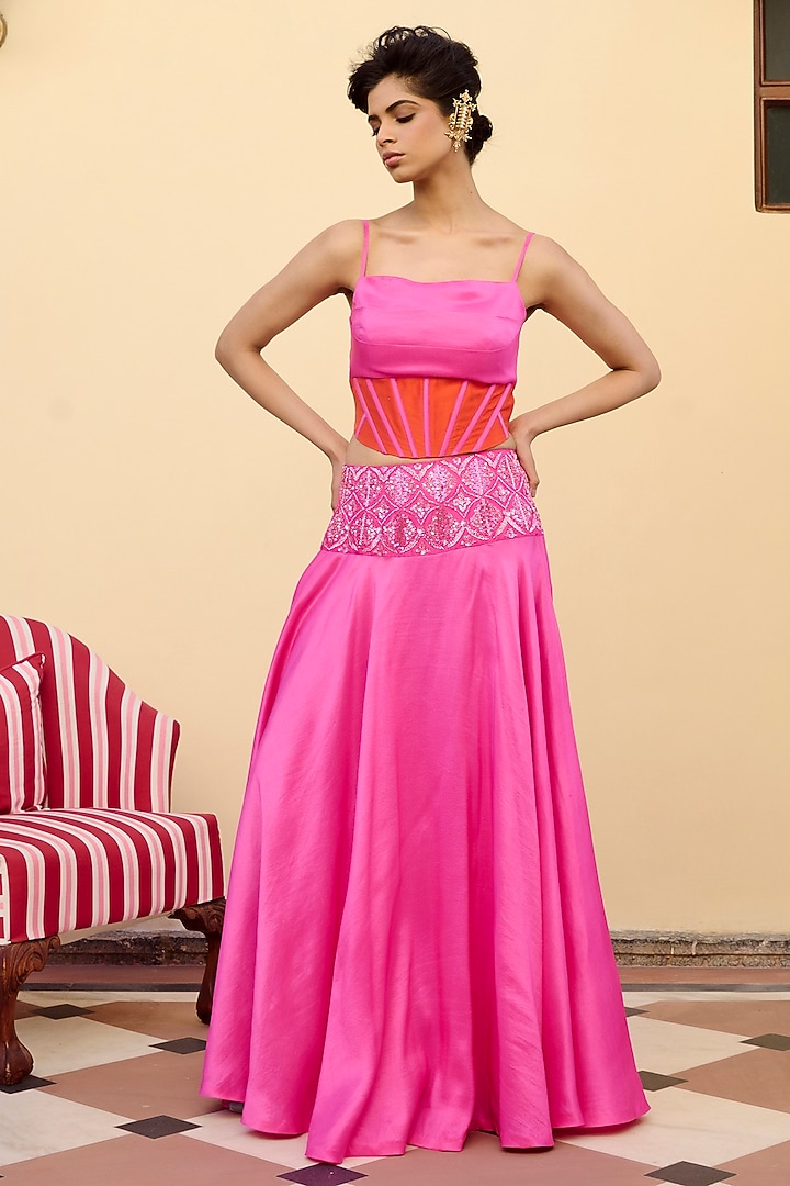 Pink Silk Zari Embroidered Skirt Set by Archana Shah at Pernia's Pop Up Shop