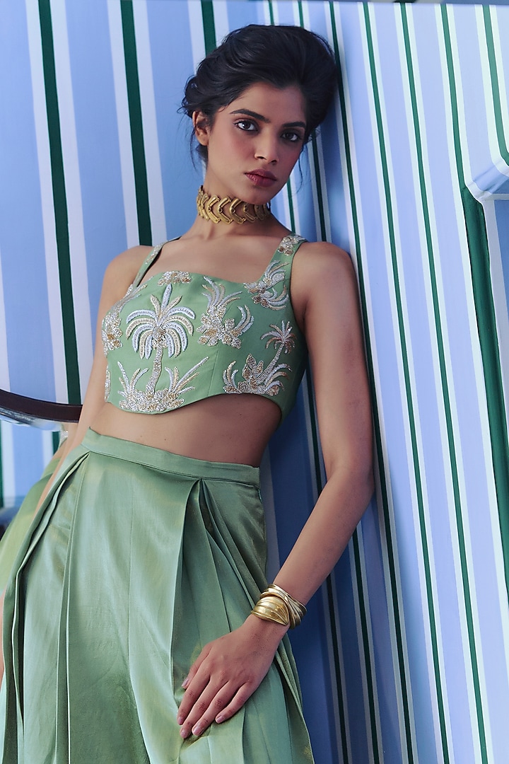 Green Silk Inverted Pleated Pant Set by Archana Shah at Pernia's Pop Up Shop