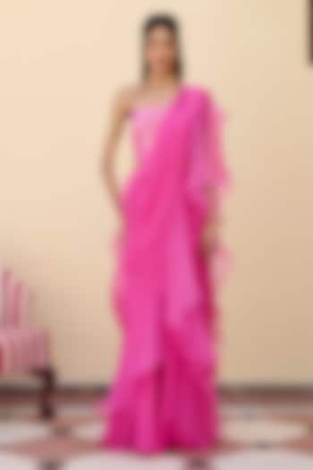 Pink Organza Sheer Wedding Saree Set by Archana Shah at Pernia's Pop Up Shop
