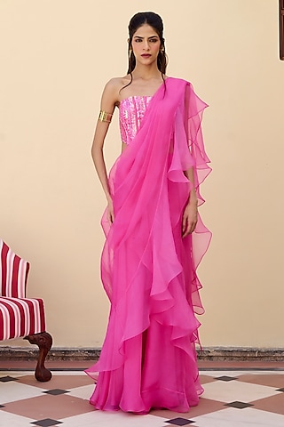Pink Organza Sheer Saree Set by Archana Shah