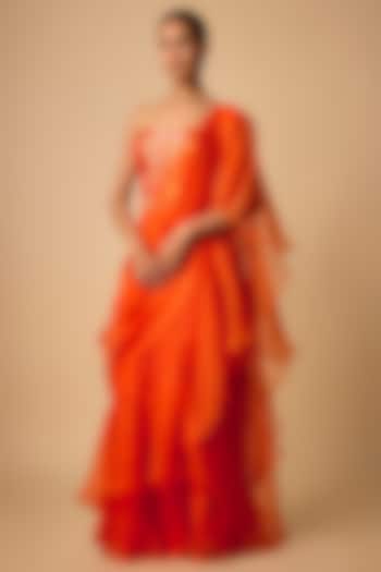 Orange Organza Ruffled Wedding Saree Set by Archana Shah at Pernia's Pop Up Shop